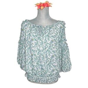Max Studio Ruffled Green and White  Floral 3/4 Sleeve Blouse size S